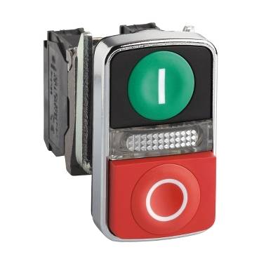 Schneider Electric - XB4BW73731B5 - buton cu cap dublu luminos verde incastrat/rosu aparent diam.22 1ND+1NI 24V
