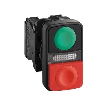 Schneider Electric - XB5AW73731M5 - green flush/red projecting illuminated double-headed pushbutton diam.22 1NO+1NC 240V